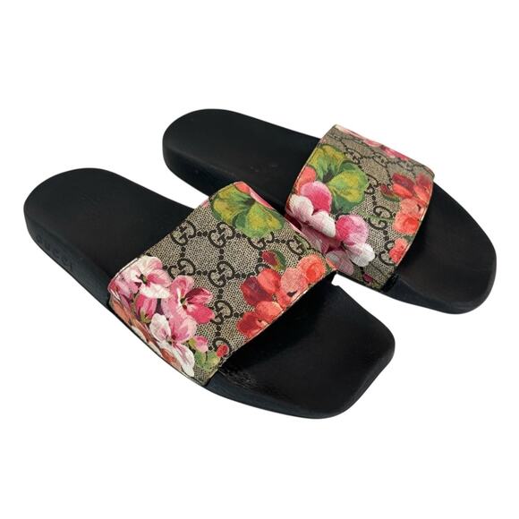 GUCCI GG Slides Bloom Supreme Logo Floral Print Coated Canvas Slip Ons Sandals 8 - Picture 2 of 13